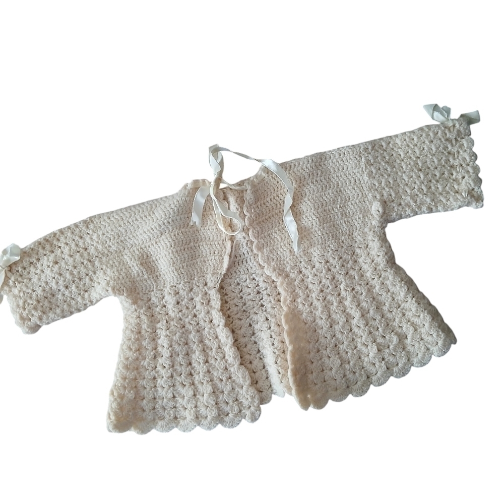 Baby Infant Sweater Open Front with Satin Tie Handmade Crocheted Oatmeal Sleeves
